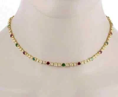 14K Yellow Gold Plated 9Ct Lab Created Ruby, Emerald & Diamond Tennis Necklace - Image 1 of 4