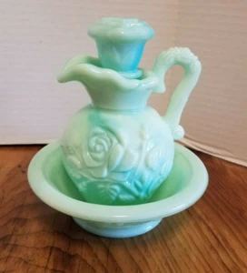 Vintage AVON Jadeite Green Bath Oil Jug Pitcher & Bowl Cottage Decor - Picture 1 of 5