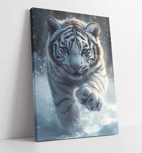 MAJESTIC BABY WHITE TIGER IN THE SNOW -FRAMED CANVAS WALL ART PICTURE PRINT - Picture 1 of 2