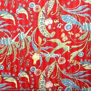 Indian Handmade Quilt Red Bird Print Kantha Bedspread Throw Blanket Gudari Quilt