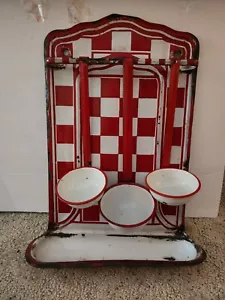 Vintage Red/White Checkered French Enamel Utensil Wall Rack W/3 Ladels! - Picture 1 of 15