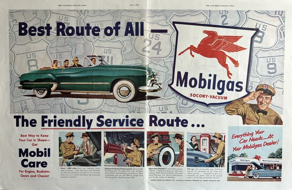 Mobil Gasoil 1950 Pegasus cuidado de rutas servicio motor coche Socony anuncio impreso de colección Foto 1 de 1