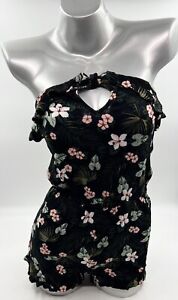 Aeropostale Romper Size XS Black Pink Floral Flounce Strapless One Piece