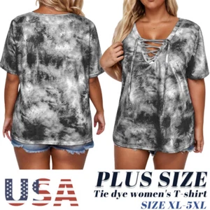 Womens Plus Size Summer Tops V Neck T-Short Lace Up Front T Shirts Sleeve Tunics - Picture 1 of 15