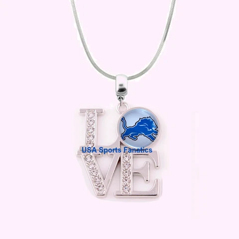 NFL Detroit Lions 925 Sterling Silver Team Logo Love Necklace With Rhinestones Cover