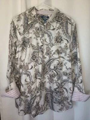 Chaps Womens No Iron Button Up Top 1X Flip Cuff Floral Gray Pink Parisian Office - Image 1 of 4