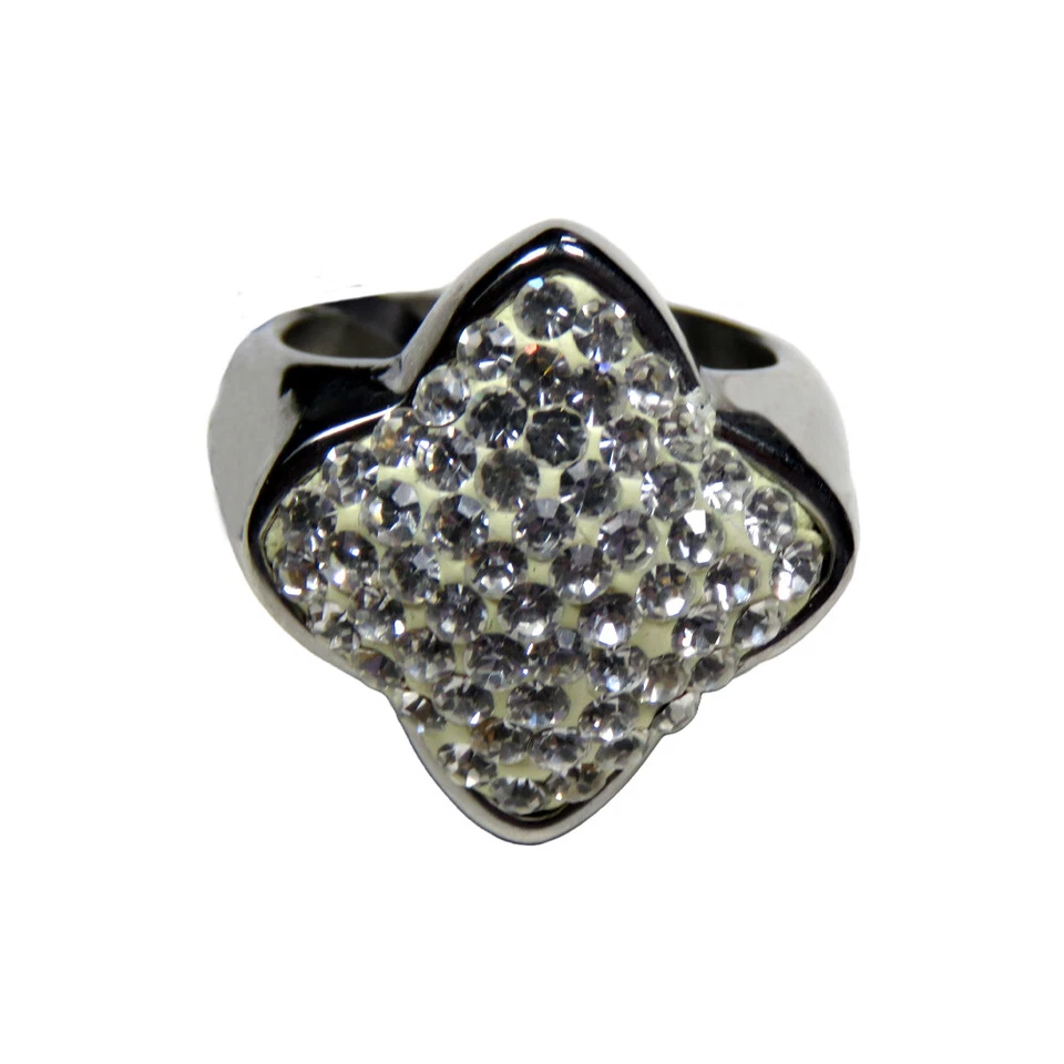 Women's Polished Stainless Steel Ring with White Square and CZ Accents, Size 7 - Image 1 of 3
