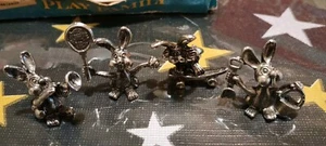 4 MINIATURE PEWTER FIGURINES RABBIT'S W/TRUMPET, SKATE BOARD, W/RACKET & GARDEN - Picture 1 of 6