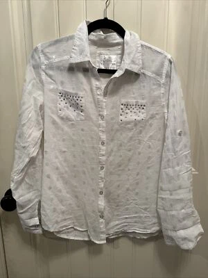 Justice 20 White Silver Polka Dot Rhinestone Pocket Button Up Sheer Blouse - Image 1 of 4