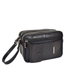 Mens Real Leather Wrist Toiletry Wash Bag Cosmetic Money Mobile Travel Pouch