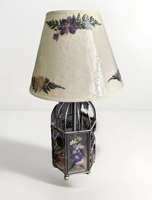 Accent Lamp Dried Flowers In Glass Panels Nickel Finish Cage & Leaves With Shade - Image 1 of 4