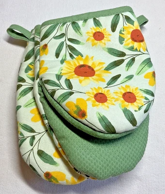 MARTHA STEWART MINI GUANTES HORNO (2) GIRASOLES VERDE AMARILLO 100% ALGODÓN NUEVO CON ETIQUETAS Foto 1 de 2