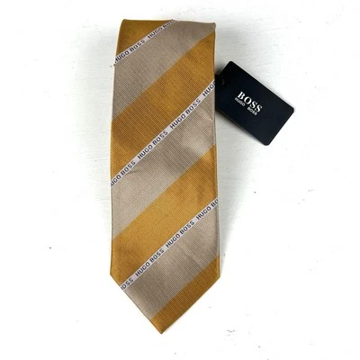 Hugo Boss Silk Designer Tie Striped Gold And Tan 3.5” Mens Necktie New - Image 1 of 4