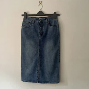 Oasis 90s Y2K Blue Denim Pencil Midi Skirt With Front Slit Party 2000s UK 8 W27 - Picture 1 of 10