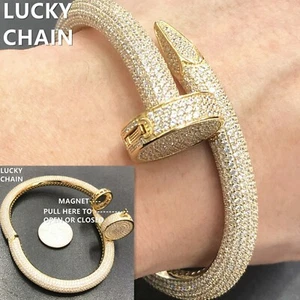 8.3''925 STERLING SILVER BLING OUT GOLD BANGLE BRACELET 7.5mm 53g - Picture 1 of 10