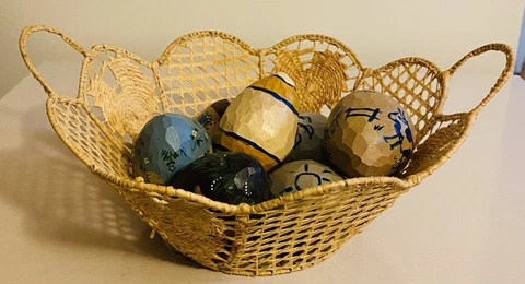 Vintage Handcrafted Open Weave Basket With Hand Carved Wooden Eggs Hand Painted Cover