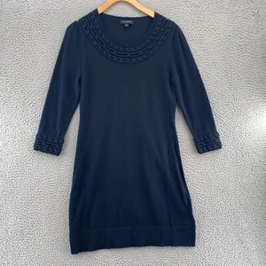 Banana Republic Dress Womens Medium Navy Sweater Braided Neckline 3/4 Sleeves - Picture 1 of 11