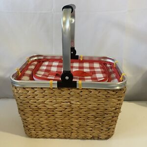 Wicker Picnic Basket for 2 - Red & White Set with Insulated Liner - 15x10 