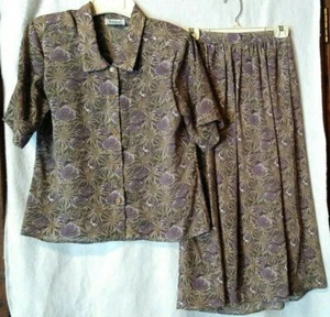 Notations Women's Sz 6 2 Pc Skirt Suit Poly Chiffon Purple Olive Ecru Floral New - Picture 1 of 6