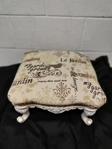 Vintage Ornate Cast Iron Base Footstool Garden Theme Print ~ Shabby White Base - Picture 1 of 10