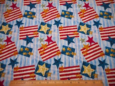 Patriotic Fabric By Yard Red Blue Gold Stars Blue Ivory Stripe Primitive Cotton - Image 1 of 2