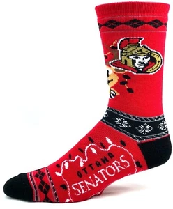 Ottawa Senators Hockey Christmas Sweater Stripe Holiday Reindeer Crew Socks - Picture 1 of 3