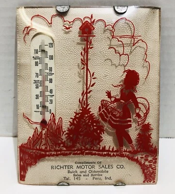 Vtg Convex Glass Thermometer Richter Motor Sales Buick & Oldsmobile Peru Indiana - Image 1 of 4
