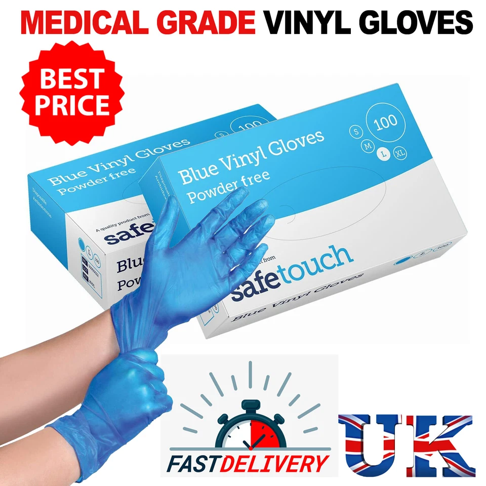 SAFETOUCH Vinyl Gloves BLUE/ CLEAR Disposable Powder & Latex Free Work Tattoo Food Medical