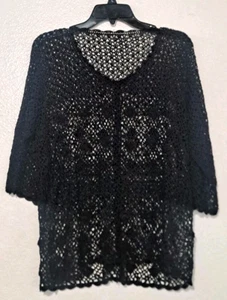 Crochet Sweater Cardigan Open Knit Black Button Size XL Women's - Picture 1 of 9