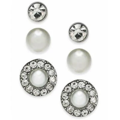 Brincos Charter Club três pares zircônia cúbica e pérola falsa tom prata branco - Imagem 1 de 4