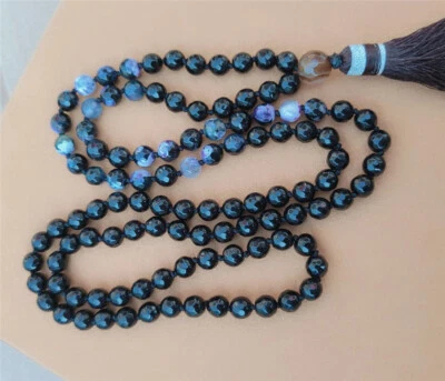 8mm Black Agate 108 Beads Tassel Knotted Necklace Elegant Bracelet Colorful - Image 1 of 4