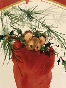 Vintage Christmas Card Mary Hamilton Brown Mouse in Red Stocking NOS w/ Envelope - Picture 1 of 12
