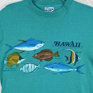VTG 80s Hawaii Tropical Fish Mens M Teal Green Single Stitch Shirt Beach USA - Picture 1 of 9
