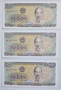 Viet Nam 1988 / 1,000 Dong 2digit Radar Serial number triplets 5575755 Gem UNC - Picture 1 of 3