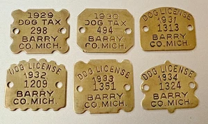 6 Michigan Messing Erkennungsmarken: BARRY COUNTY 1929 bis 1934; Hastings Mi Area - Bild 1 von 1