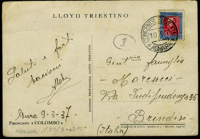 Eritrea Italy ship mail Lloyd Triestino "Colombo" 1937 Asmara to Brindisi - image 1 of 2