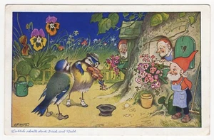 Künstler-AK Fritz Baumgarten, 2 Meisen musizieren vor Haus der Zwerge - Bild 1 von 2
