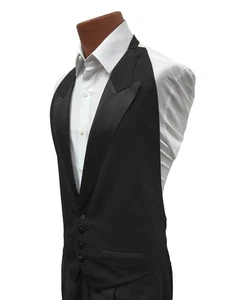 Men’s Black Tuxedo Vest Satin Peak Lapels Open Back Adjustable 2XL (50-60) - Picture 1 of 3