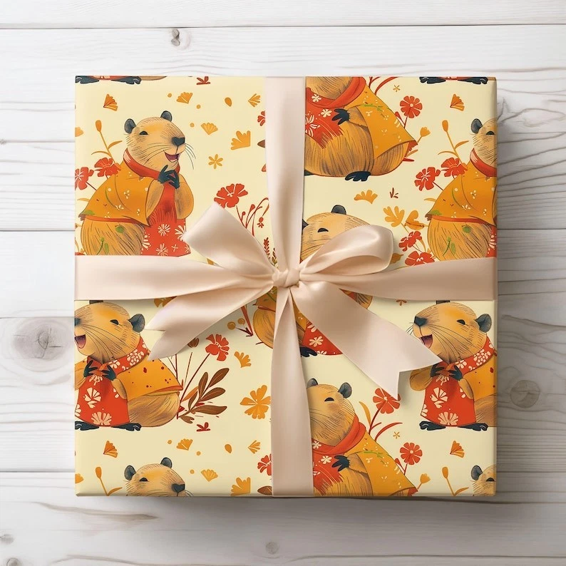 Funny Capybara Spring Wrapping Paper, Cute Animal Gift Wrap for Kids Birthday - Image 1 of 4