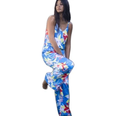 Roxy Jumpsuit Women XL Viscose Bright Bold Floral Wide Leg Sleeveless Summer NWT - Image 1 of 4