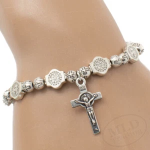 Saint St Benedict Medal Stretch Bracelet Cross Beads Crucifix Charm Ant-Silver - Picture 1 of 7