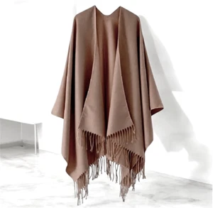 NWT Gorgeous OS Tan Imitation Cashmere Fringed Wrap Shawl Poncho Cape Ruana Card - Picture 1 of 12
