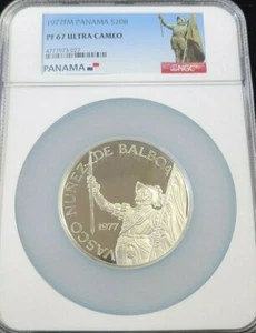 1977 PANAMA SILVER 20 BALBOAS VASCO NUNEZ NGC PF 68 ULTRA CAMEO HIGH GRADE COIN - Picture 1 of 6