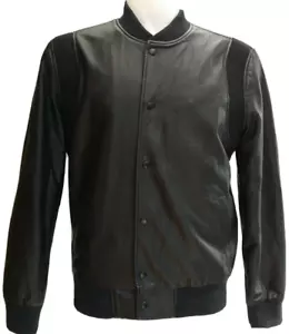 River Island Mens Faux Leather Coat Black Ribbed Full Zip Biker Jacket Size L - Picture 1 of 11