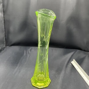 vtg uranium glow Vase With Bamboo Etching AS IS HAS BUBBLES MANUFACTURING DEF - Picture 1 of 9