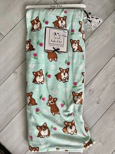 New Corgi Pickle & Dot 60x70" Throw Blanket Blue Cherry Hearts Spring Flowers - Picture 1 of 3