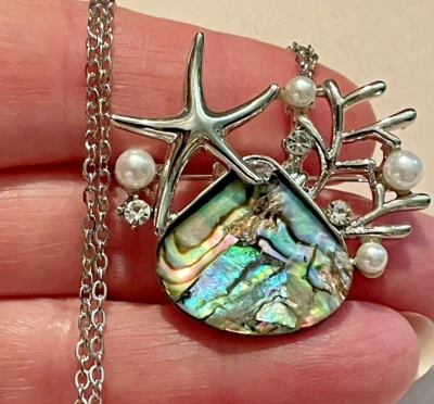 "Collar colgante con pasador de perlas STARFISH ABULONE 24"" acero inoxidable vida marina NUEVO Foto 1 de 4