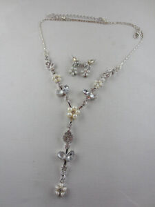 Dangling Silver Plated Rhinestone Faux Pearl Flowes Lariat Necklace Earrings R90