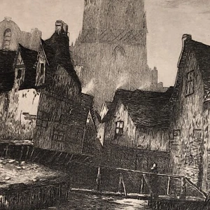 River Scene Wm Stevens Etching Reproduction Old World Sketch Rustic City - Picture 1 of 8