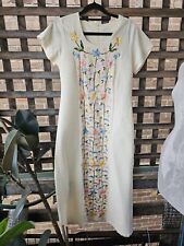 Vintage Mexican Cream White Cotton Floral Embroidery Dress  Size 32